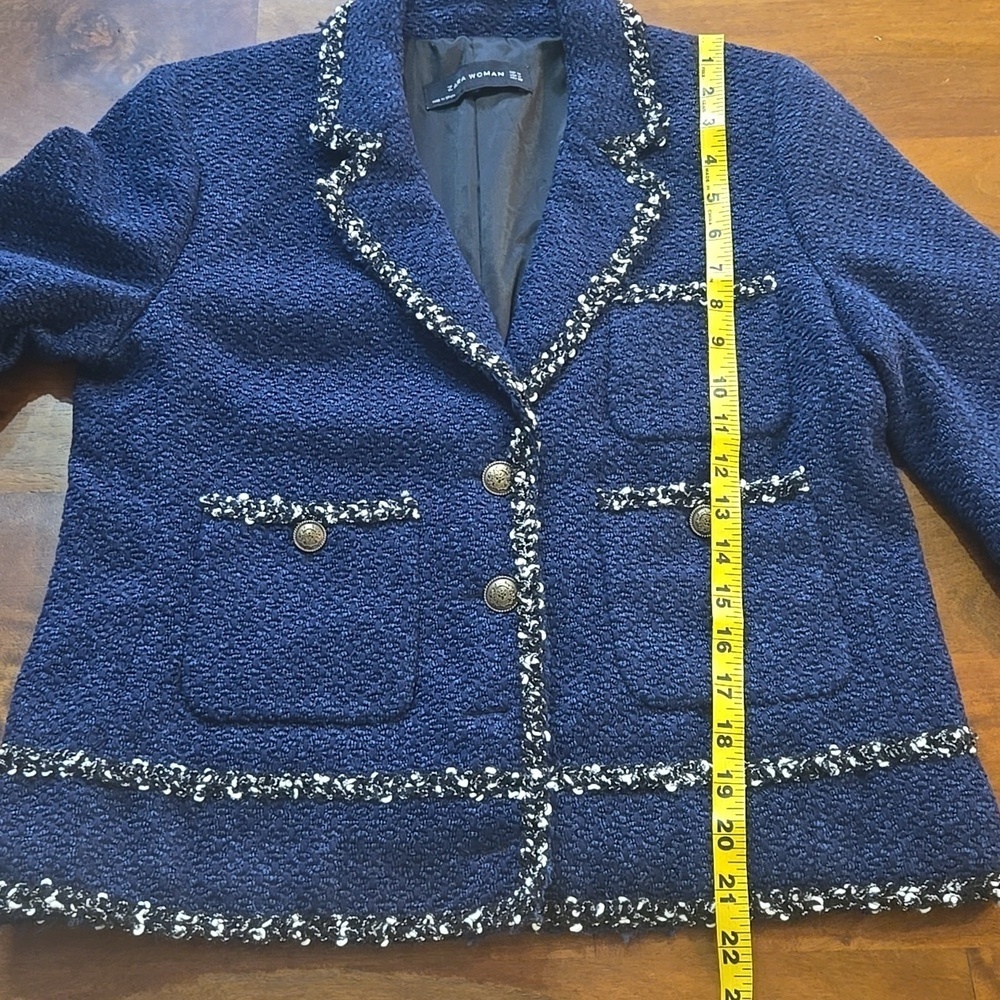 Zara Woman Navy Blue Tweed Boucle Blazer Lady Jacket Size Medium - Picture 9 of 13